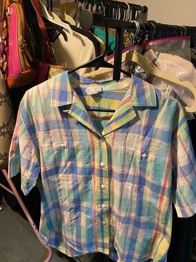 Koret Pastel Plaid Camp Shirt in Mint, Blue, Yellow & Peach Small 4-6